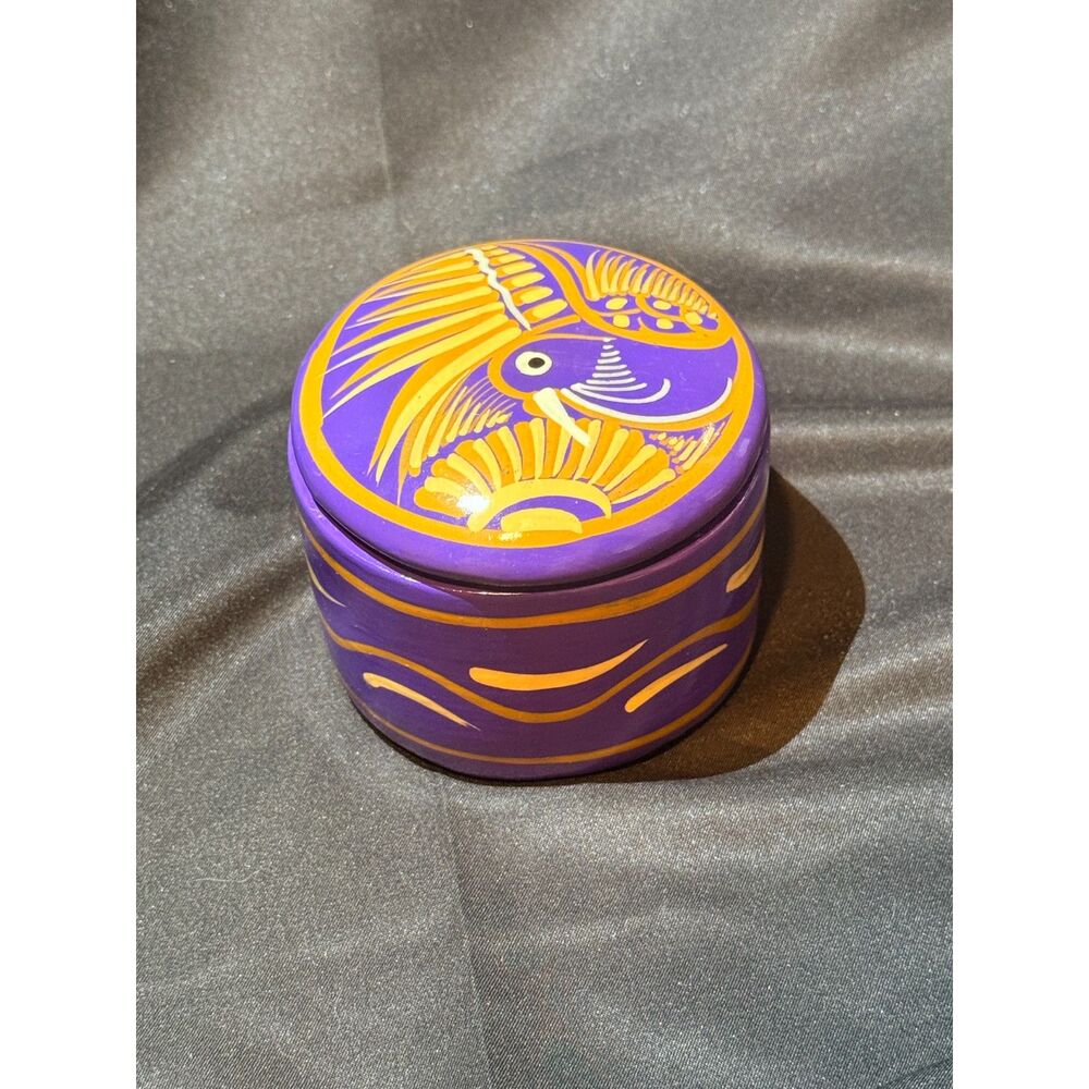 Hand Painted Folk Art Pottery Bird Trinket Box